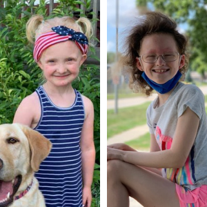 Two girls affected by ectodermal dysplasia. One girl has ponytails and is next to her labrador retriever.