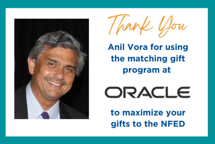 Picture of a man named Anil Vora who works at Oracle and uses their matching gift program when he donates to the NFED.