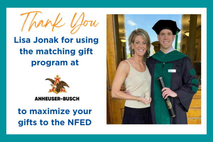 Picture of a mom and son. Lisa Jonak  works at Anheuser Busch and uses their matching gift program when she donates to the NFED.