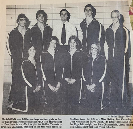 This is a photo from a newspaper article  from the 1970s showing the Butler High School Swim Team members who were heading to the state tournament.