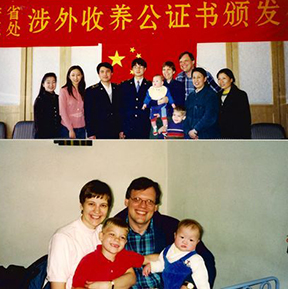This is a collage of two families. There is Chinese words at the top. In the top photo there is a group of families. In the bottom, the mom and dad hold their two sons, one of whom is a baby who was adopted from China.