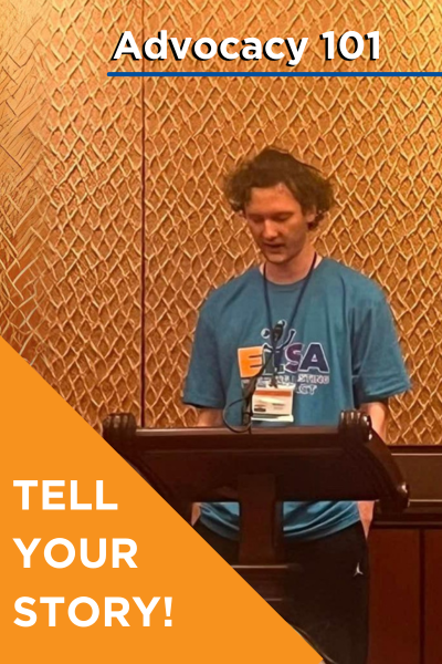 Advocacy 101 - Tell Your story, photo of young man speaking on Capitol Hill sharing his story about ectodermal dysplasia and insurance struggles.  How will you tell your story?