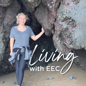 Photo of young woman standing next to rooks with text that says Living with EEC