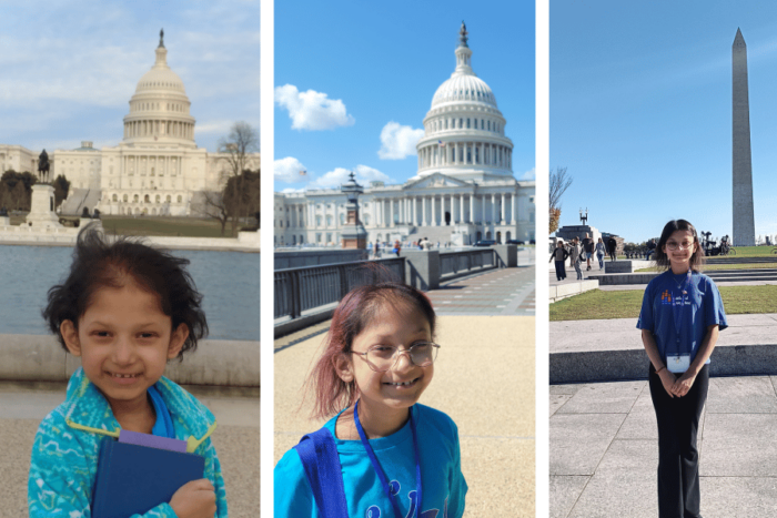 Emily's standing in front of the Capitol Building and Washington's Monument at different ages.