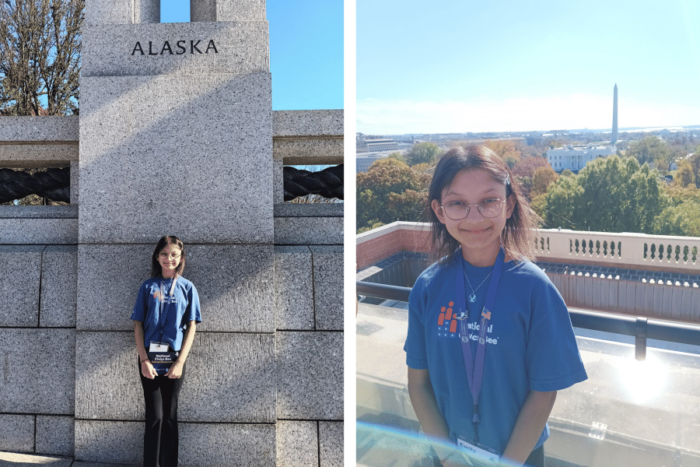 Emily stands in front of a monument saying Alaska and in DC where the Washington monument in the background.