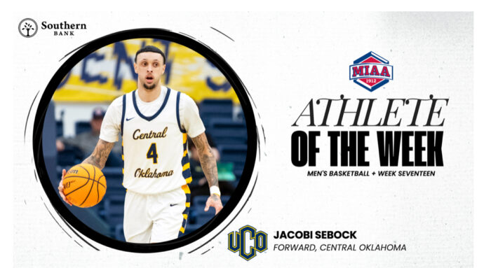 This is a graphic showing Jacobi was named MIAA Athlete of the Week in men's basketball.