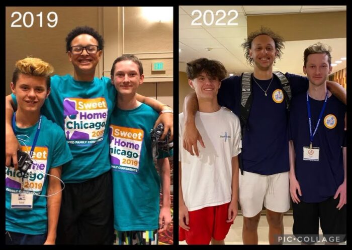 Two pictures side by side show Jacobi with the same two friends, three years apart.