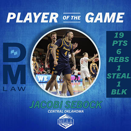 This is a graphic showing Jacobi was named Player of the Game with 19 points, 6 rebounds, 1 steal and 1 block.