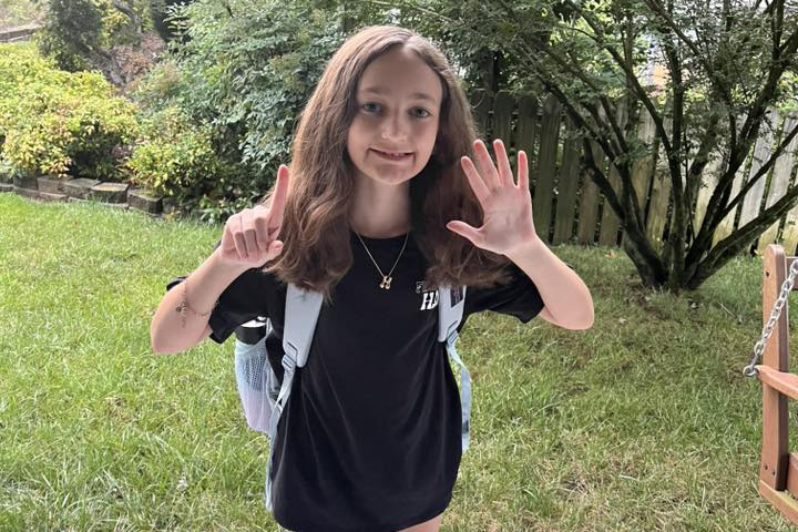 A grade school age girl stands in her back yard on the first day of school. She's wearing a black t-shirt and has a backpack on her back. She's holding up 6 fingers. Students affected by ectodermal dysplasias may need a 504 plan or IEP at different times in their school years.