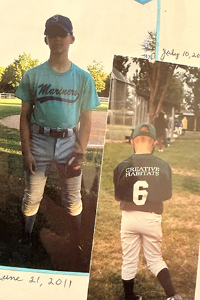 In these side by side photos, Sam is wearing his baseball uniform at baseball fields.
