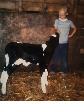 A boy affected by hypohidrotic ectodermal dysplasia is standing in a barn on hay next to a calf.